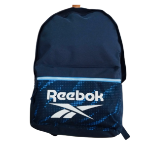 MOCHILA REEBOK NEGRA CON DETALLES AZULES Y LOGO BLANCO