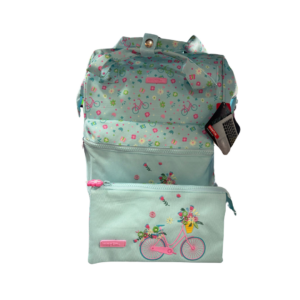 MOCHILA ESCOLAR CON DISEÑO DE BICICLETA Y FLORES – COLOR MENTA